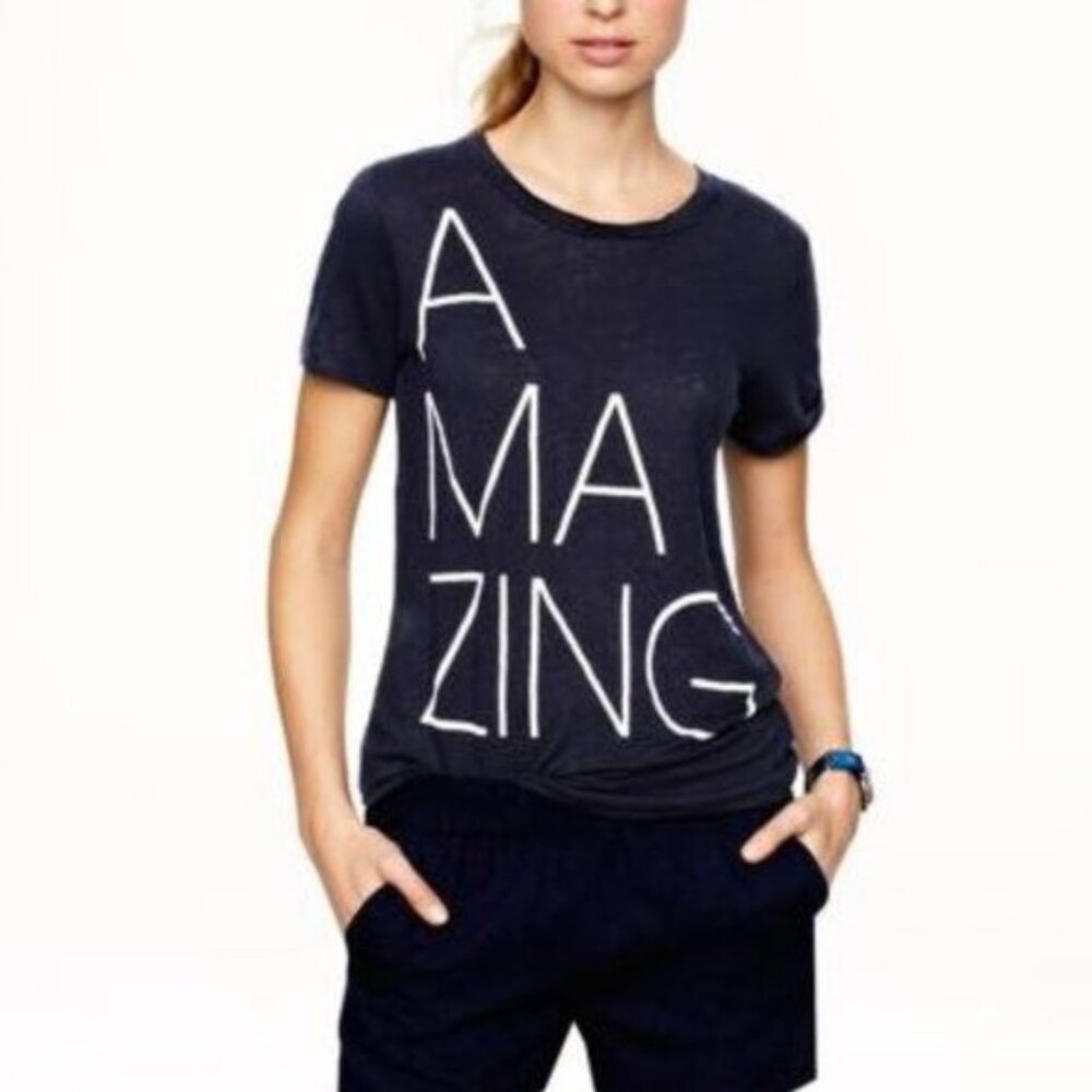 J.Crew M Amazing Tee T-shirt 100% Linen Navy & White Graphic Letters